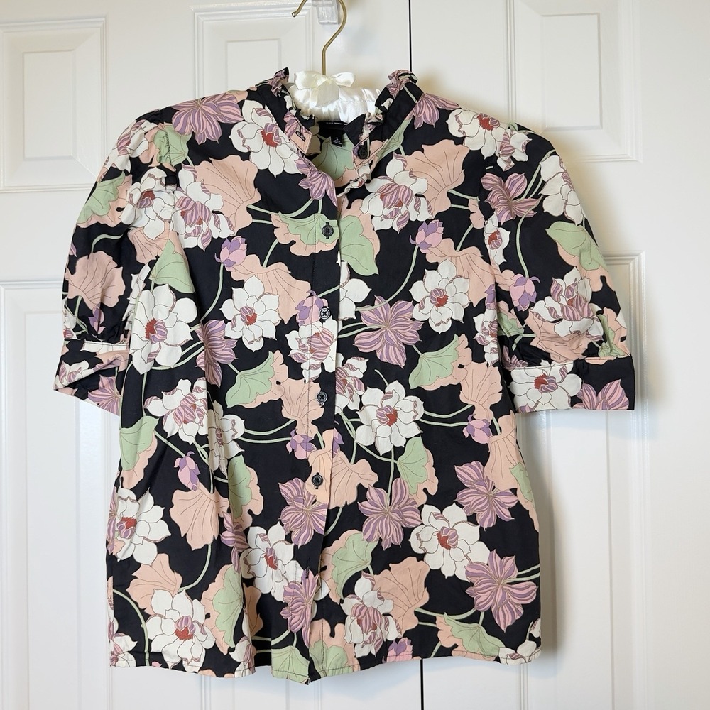 Who What Wear Black Pink Green Floral Blouse Puff Sleeve Ruffle Collar Women's S